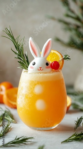 Whimsical Easter cocktail featuring a cute bunny-shaped garnish peeking out of a vibrant orange drink, adorned with rosemary sprigs and citrus slices. photo