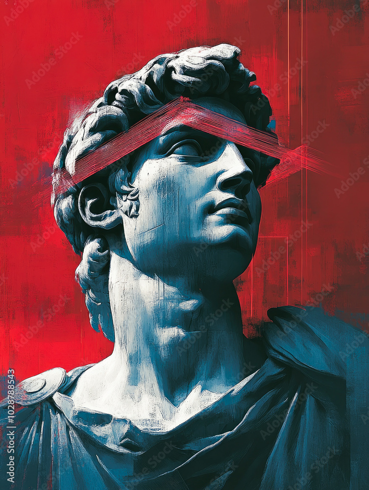 Obraz premium A neoclassical bust adorned with red abstract lines, reflecting a unique integration of traditional sculpture and modern art elements.