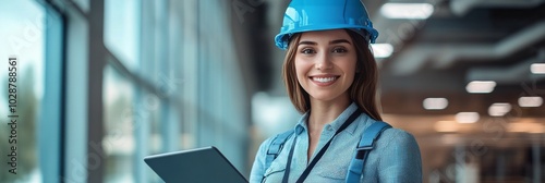Young engineer wearing a blue hard hat smiles while holding a tablet in a mod...