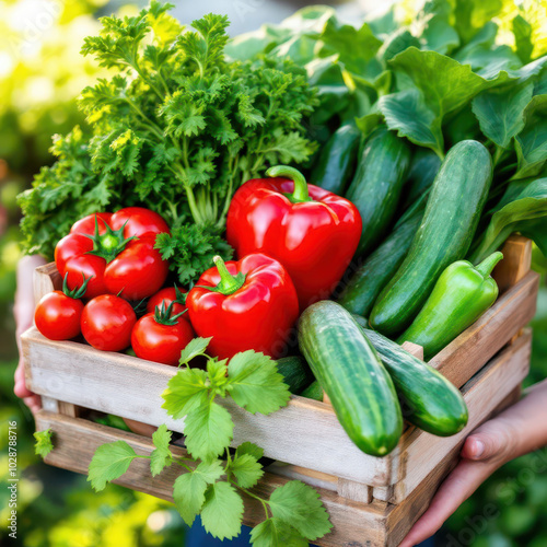 A basket filled with fresh, colorful vegetables, including tomatoes, peppers, and cucumbers. Ideal for promoting healthy eating, gardening, and farm-to-table concepts or local produce