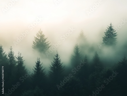 Enchanted Foggy Forest: Misty Morning in a Pine Tree Grove