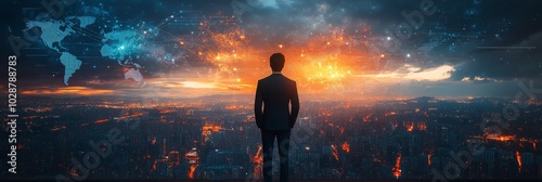 A person gazes at a glowing world map against a city skyline during twilight