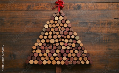 Creative Christmas tree made of wine corks arranged on a wooden background wi...