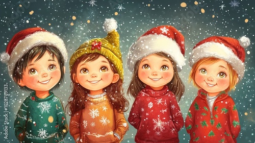 Festive illustration of four cheerful children wearing colorful Christmas sweaters and Santa hats, smiling against a snowy, starry night sky background.