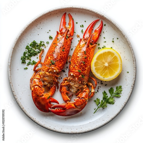 Freshly cooked lobster served on an elegant plate with lemon and herbs at a s...