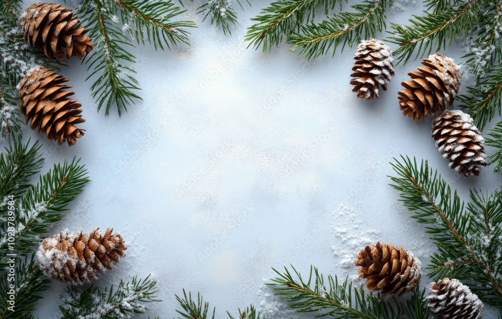 Naklejka premium Snow dusted pinecones and evergreen branches create a winter themed border on a white background