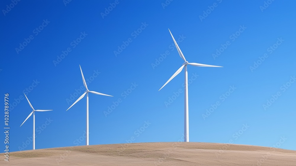 Sustainable Energy Solution - Wind Farm Turbines Generating Renewable Power on Hillside Against Clear Blue Sky with Ultra-Detailed, Cinematic Light