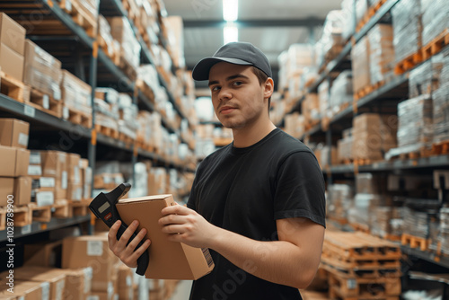 Professional storehouse employee working in a warehouse with a scanner in his hand