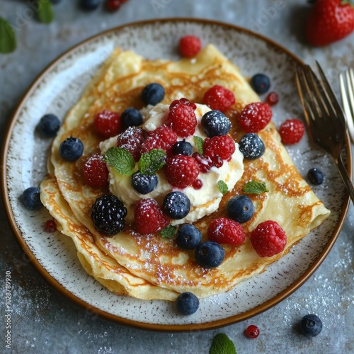 Delicious homemade crepes served with fresh berries and whipped cream on a rustic plate