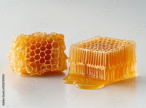 Fresh honeycomb and dripping honey displayed on a clean surface showcasing na...
