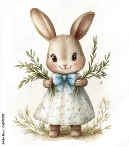 Cute rabbit in a white dress holding green branches in a serene garden setting