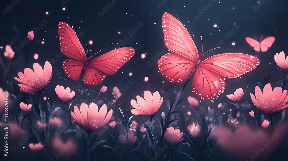 Two pink butterflies with glowing wings flying over a field of pink flowers at night. Two pink butterflies with glowing wings flying over a field of pink flowers at night.