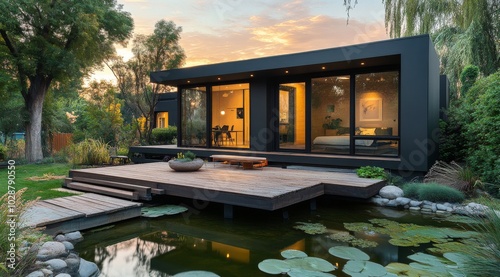 Modern waterfront house at dusk with large windows and serene surroundings