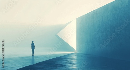 Silhouette of a person standing in a blue lit space with sharp light projecti...