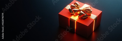 A beautifully wrapped red gift box with a golden bow glowing against a dark b...