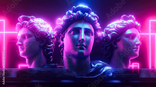 Three neo-classical busts under vibrant neon lights, depicting a fusion of traditional and contemporary styles in digital art.