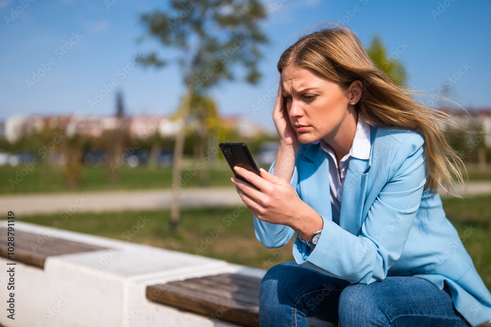 Fototapeta premium Worried businesswoman looking at her mobile phone while sitting on the bench outdoor.
