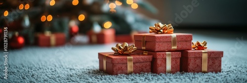 Festively wrapped presents arranged under a Christmas tree with warm holiday ...