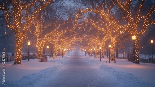 Winter Pathway Illuminated by Twinkling White Lights