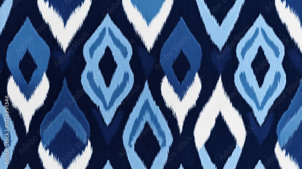 Blue and white abstract Ikat pattern with diamond shapes on fabric texture background Blue and white abstract Ikat pattern with diamond shapes on fabric texture background