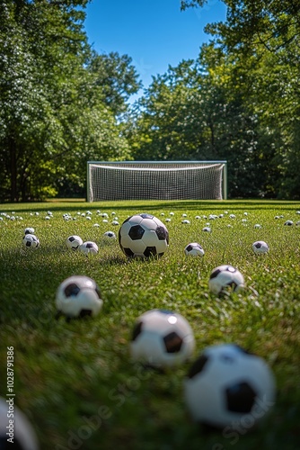 A field scattered with small soccer balls in front of a goal under a clear bl...