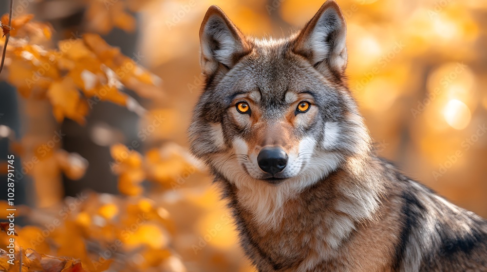 A majestic gray wolf with piercing yellow eyes in a dense forest, natural wildlife portrait with soft bokeh and earthy tones in its habitat. A majestic gray wolf with piercing yellow eyes in a dense forest, natural wildlife portrait with soft bokeh and earthy tones in its habitat.