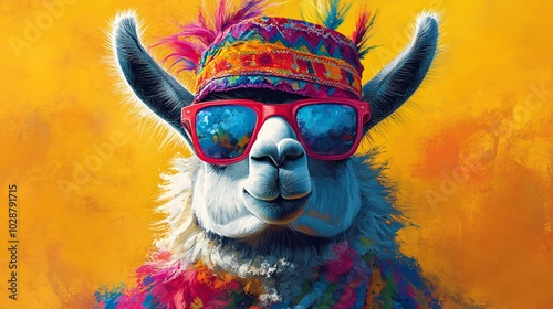 A colorful llama wearing sunglasses and a vibrant headband against a bright yellow background, exuding a fun and playful vibe.