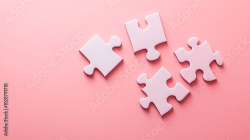 White jigsaw puzzle pieces scattered on pink background, symbolizing problem-solving, teamwork, and creative solutions in business or personal growth.