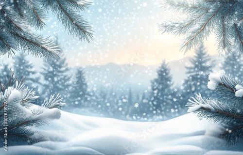 Snow covered landscape with pine trees and gentle snowfall during winter twil...