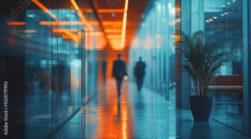 Business professional walking through bright office corridor during sunset hours