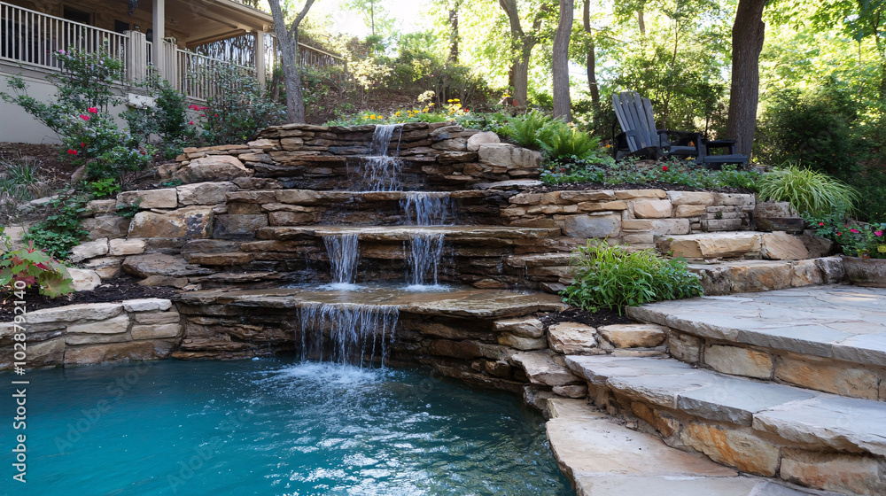 serene backyard oasis featuring beautiful stone waterfall cascading into tranquil pool, surrounded by lush greenery and vibrant flowers, perfect for relaxation serene backyard oasis featuring beautiful stone waterfall cascading into tranquil pool, surrounded by lush greenery and vibrant flowers, perfect for relaxation