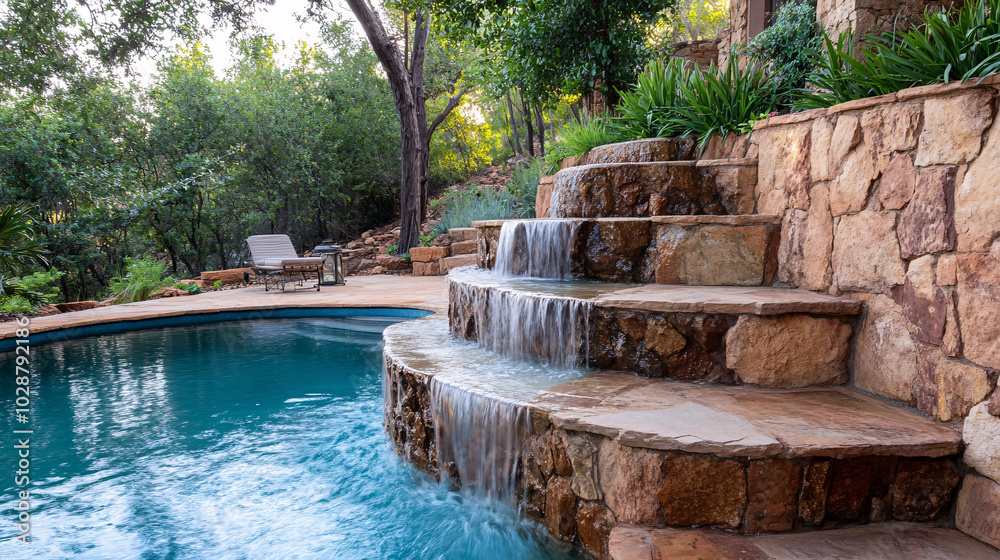 Naklejka premium serene outdoor pool scene featuring cascading waterfall over stone steps, surrounded by lush greenery and relaxing lounge chair. This tranquil setting invites relaxation and enjoyment