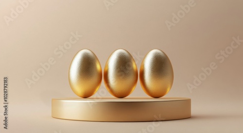 Elegant golden eggs resting on a simple white pedestal in a minimalistic setting
