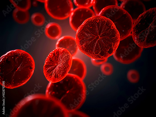 Red blood cells under a microscope on a dark background. Medicine.