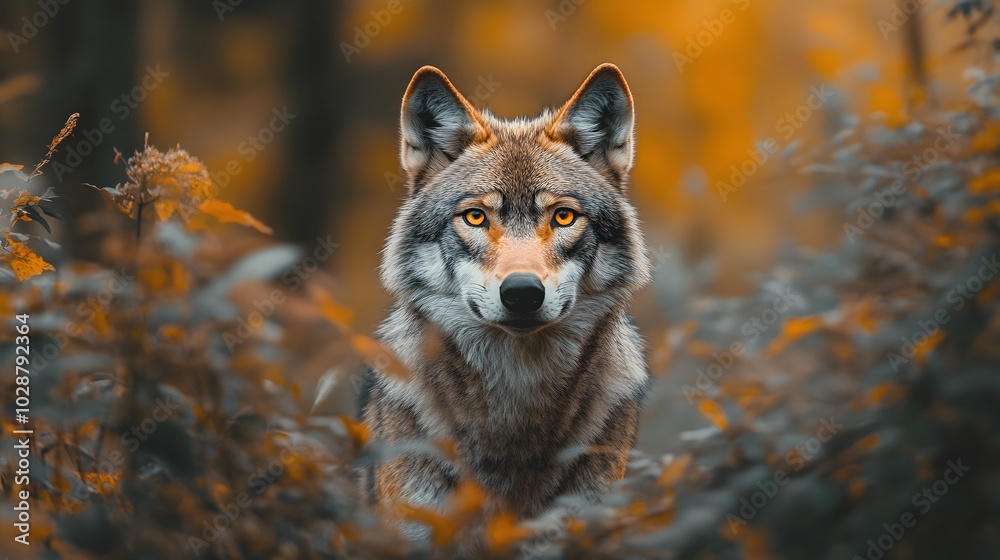 A majestic gray wolf with piercing yellow eyes in a dense forest, natural wildlife portrait with soft bokeh and earthy tones in its habitat. A majestic gray wolf with piercing yellow eyes in a dense forest, natural wildlife portrait with soft bokeh and earthy tones in its habitat.