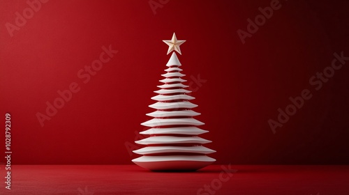Wallpaper Mural A minimalist white Christmas tree stands elegantly against a rich red background, topped with a golden star, embodying festive spirit and simplicity. Torontodigital.ca
