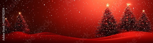 A festive scene featuring snow-covered Christmas trees against a red background, radiating holiday cheer and magic.