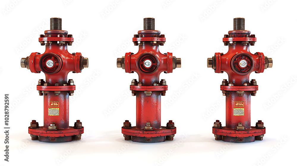 A row of bright fire hydrants isolated against a white background A row of bright fire hydrants isolated against a white background