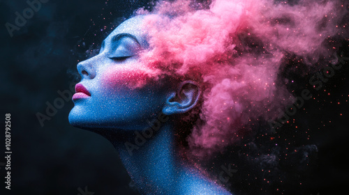 A side profile image in blue, pink glitter and smoke, reflecting beauty, grace, and the ethereal nature of human presence and expression.