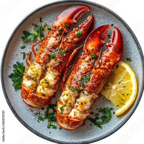 Freshly cooked lobster served on an elegant plate with lemon and herbs at a s...