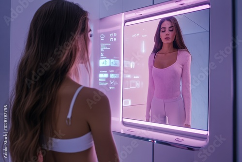 UI design of a Smart Mirror that recommends clothes based on a woman's reflection.