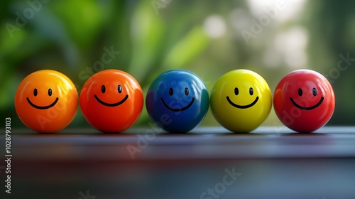 Vibrant arrangement of colorful smiley face icons expressing happiness,joy,and positive emotions. Upbeat and cheerful mood symbolized by playful,smiling expressions.