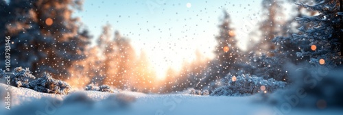 Snowflakes gently falling over a serene winter landscape during daylight in a...