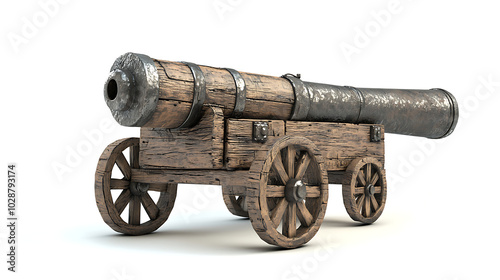 An ancient iron cannon mounted on wooden wheels, isolated against a white background.