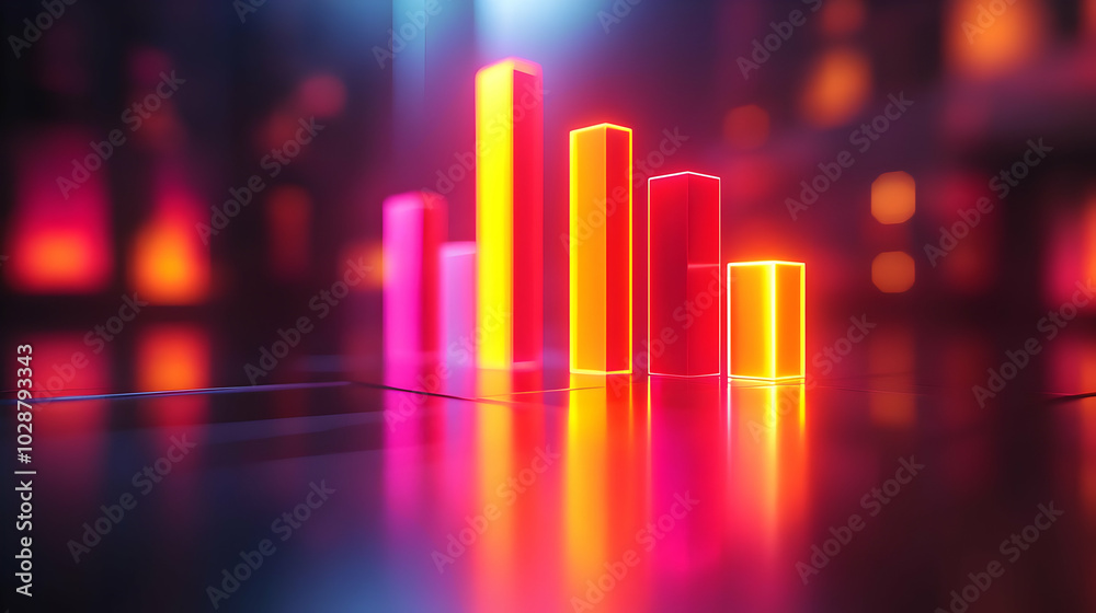 3D Glossy Bar Graph with Neon Economic Indicators - Dynamic Business Analytics Concept on Reflective Surface 3D Glossy Bar Graph with Neon Economic Indicators - Dynamic Business Analytics Concept on Reflective Surface