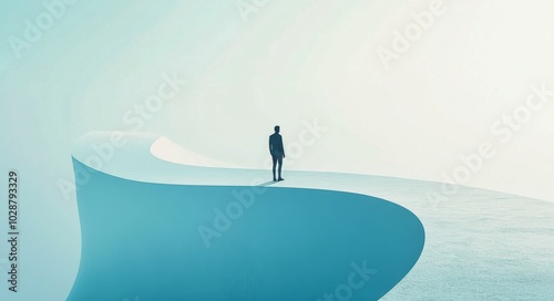 A solitary figure stands on a winding pathway amidst a foggy landscape at dawn