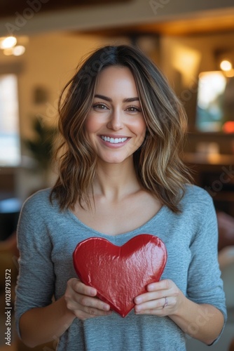 Woman smiling and holding a glittery red heart in a cozy, softly lit living room