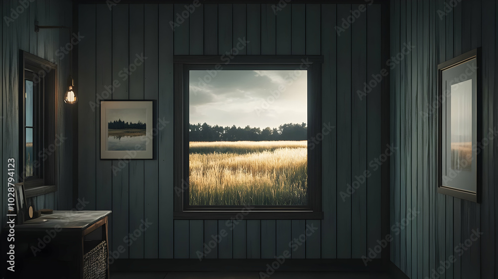 A serene interior view of a room with a window overlooking tall grass. A serene interior view of a room with a window overlooking tall grass.