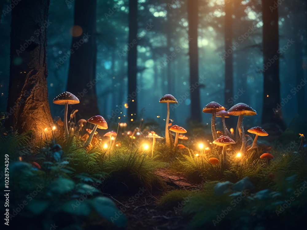 Enchanted forest with glowing mushrooms and sparkling fireflies, bathed ...