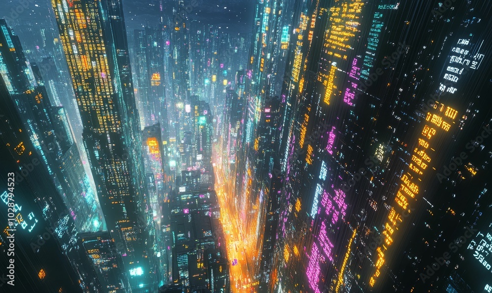 Fototapeta premium Neon cityscape illuminated at night.